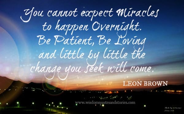Miracles can't happen overnight . Be patient and loving. Change you seek will come - Leon Brown