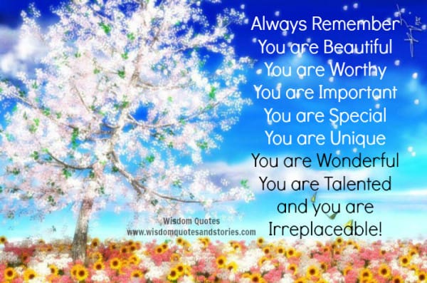 Always remember you are Beautiful, Worthy , Important , Special , Unique , Wonderful , Talented and Irreplaceable!
